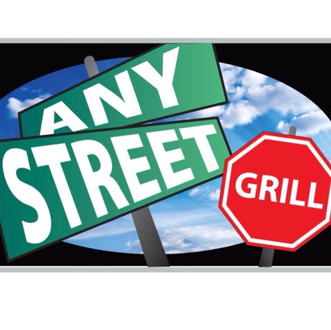 Any Street Grill logo featuring green street signs and a red grill sign