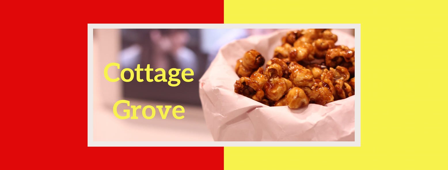 Cottage Grove caramel corn logo featuring a bag of glazed popcorn