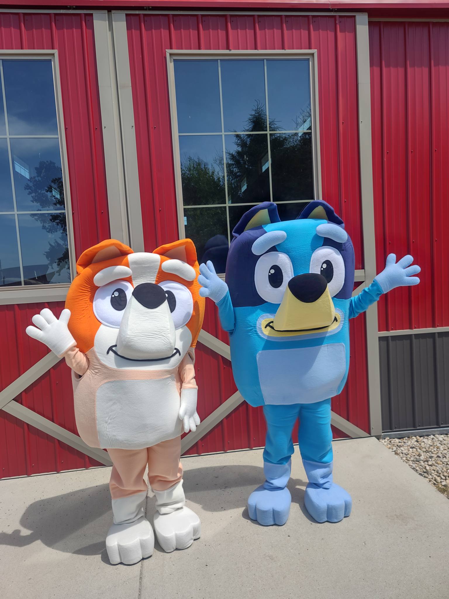 Bluey and Bingo characters waving in front of a red barn