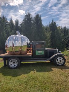 Vintage black farm truck carrying a large mirrored pumpkin sculpture at Waldvogel’s Farm