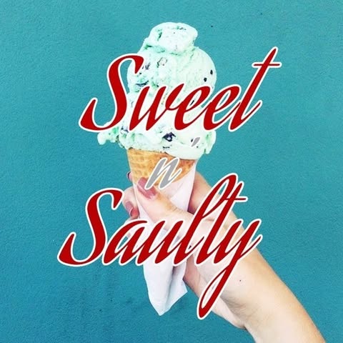 Sweet n’ Salty logo over a hand holding a mint chocolate chip ice cream cone